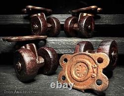 ANTIQUE FURNITURE CASTER SET, Small Victorian Vtg Cast Iron Table Wood Wheels