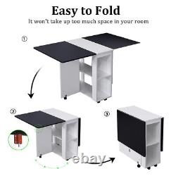 Folding Dining Table with 6 Wheels and 2-Layer Storage Shelf for Small Apartment