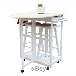 Folding Small Kitchen Dining Table And Chairs Set Island 2 Stools Trolley Wheels