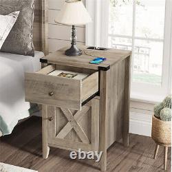 Nightstand Set of 2 with Charging Station End Table with Drawer and Cabinet Gray
