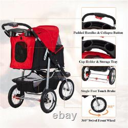 Pet Stroller 3 Wheels Jogging Dog Stroller Folding Carrier Cart Link Brake Red