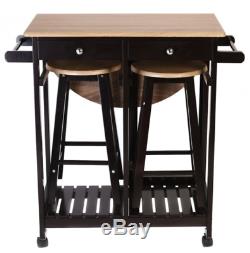 Small Kitchen Dining Table and Chairs Set Folding Island Trolley Wheels 2 Stools