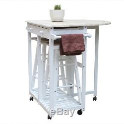 Small Kitchen Folding Dining Cart Chairs Set Island 2 Stools Trolley Wheels New