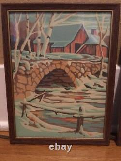 Vintage Paint By Number Framed Artwork Set of 2 Old Mill Barn Bridge Water Wheel
