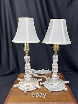 Vtg Pair Bedside Table Lamps Nautical Boy Girl Room Blue White Ships Wheel Set 2