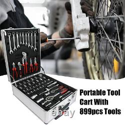 Ensemble d'outils à main de 899 pièces pour mécaniciens avec clé à douille, boîte à outils sur roulettes et clés.