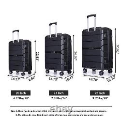 Ensemble de bagages en polypropylène durable à coque rigide avec roues pivotantes pour valise de 20/24/28 pouces, noir