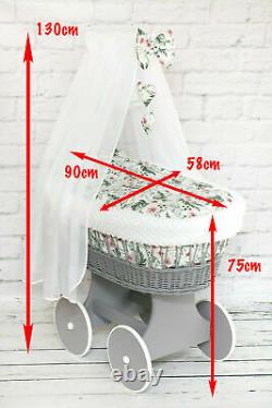 Luxe Wicker Moses Basket Full Set Wheel Baby Full Dimple Bedding Set Canopy