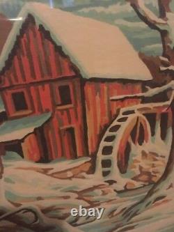 Vintage Paint By Number Framed Artwork Set De 2 Vieux Moulin Barn Bridge Water Wheel